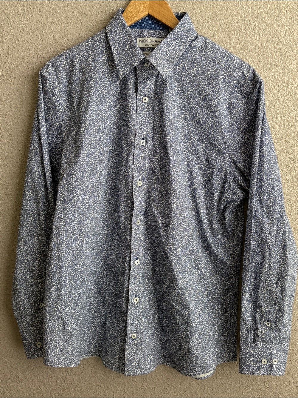Nick Graham Blue White Paisley Print Cotton Long Sleeve Button Up Shirt - Picture 2 of 7